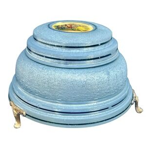 Vintage 1950s Blue Aluminum Musical Powder Puff Box – Fragonard Scene